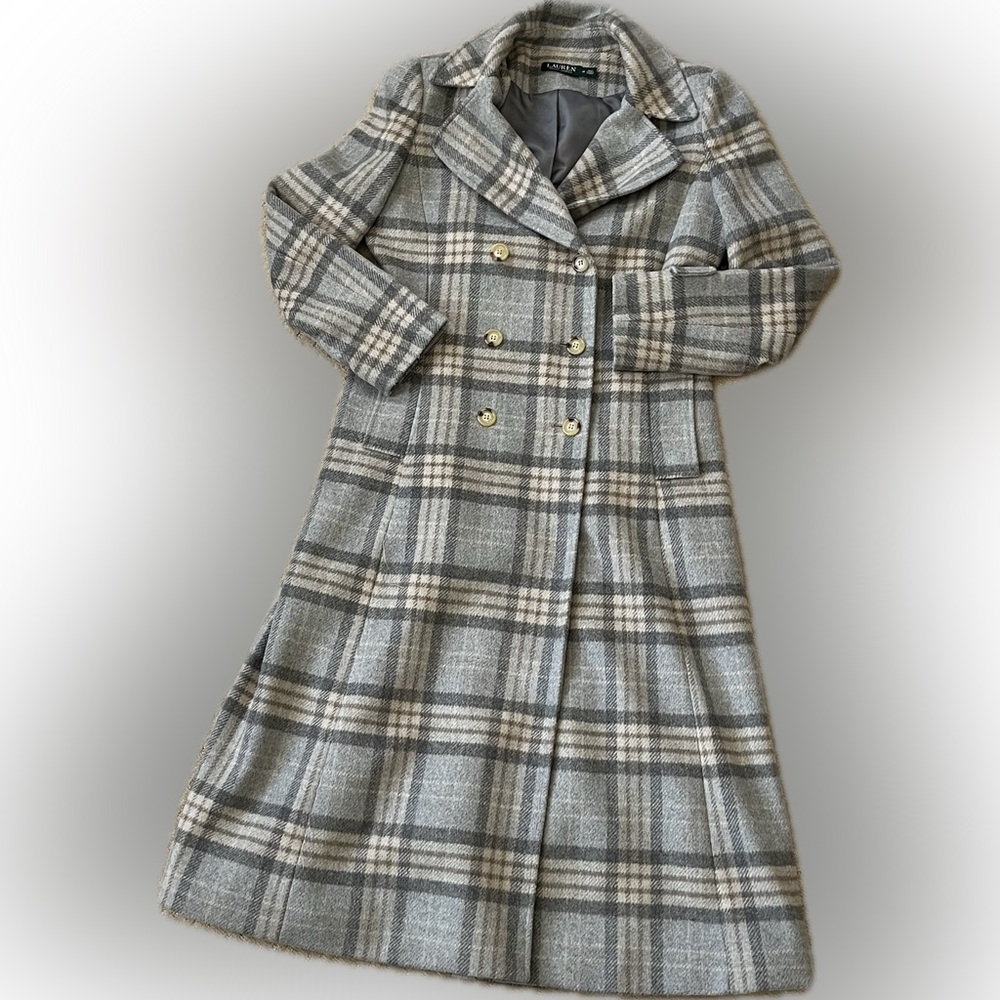 Lauren Ralph Lauren Wool Blend Double Breasted Gray and Cream Plaid Coat